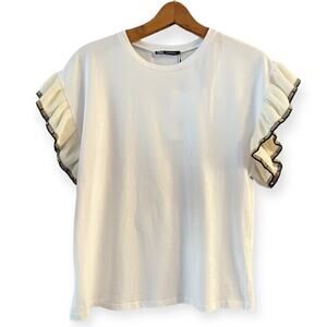 ZARA Trimmed T-Shirt White Top Gold Black Knit Cap Sleeve Ruffle Crew Neck Small
